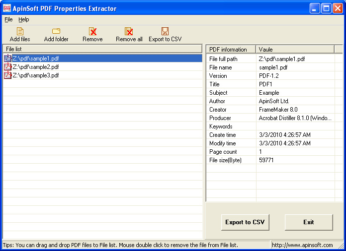 ApinSoft PDF Properties Extractor screenshot
